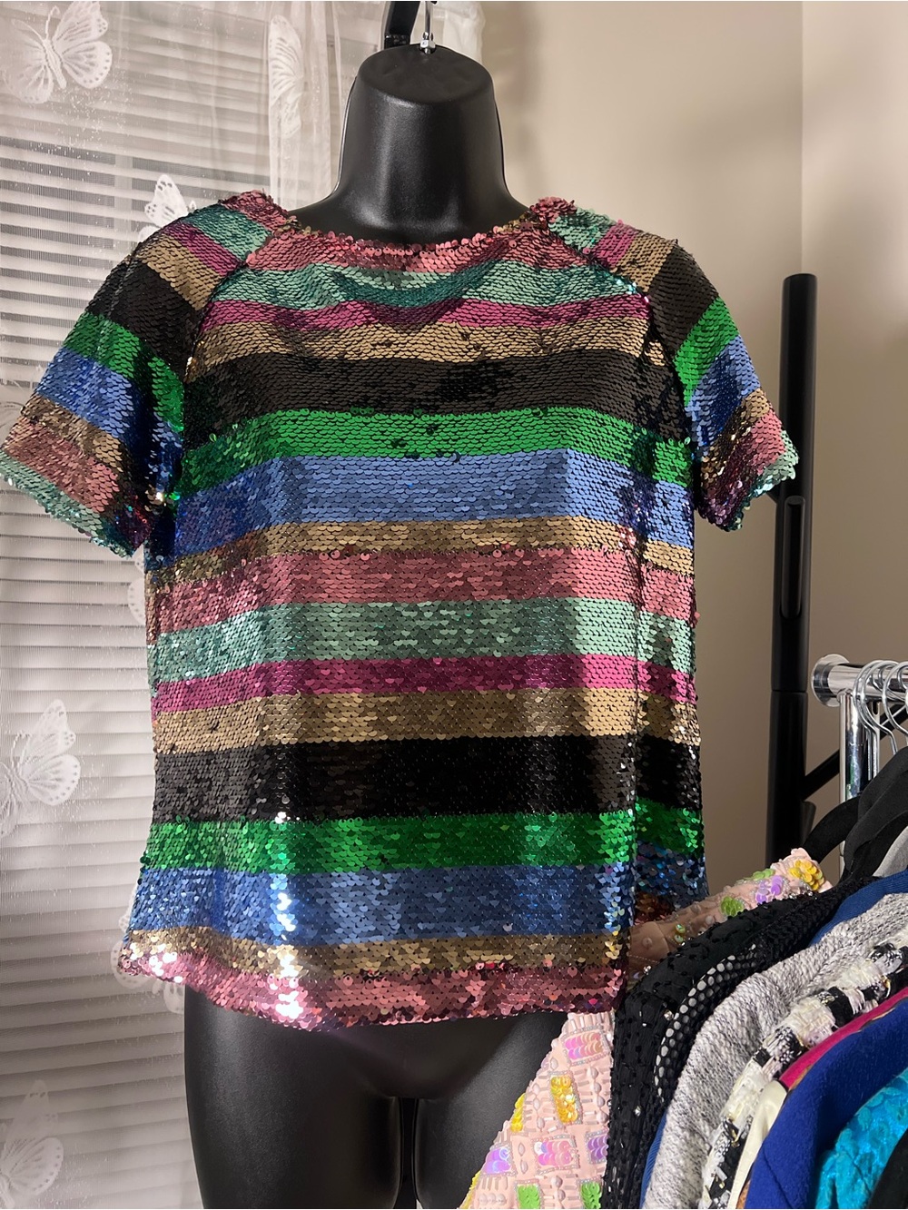 Sequin Striped Short Sleeve Top - Multi